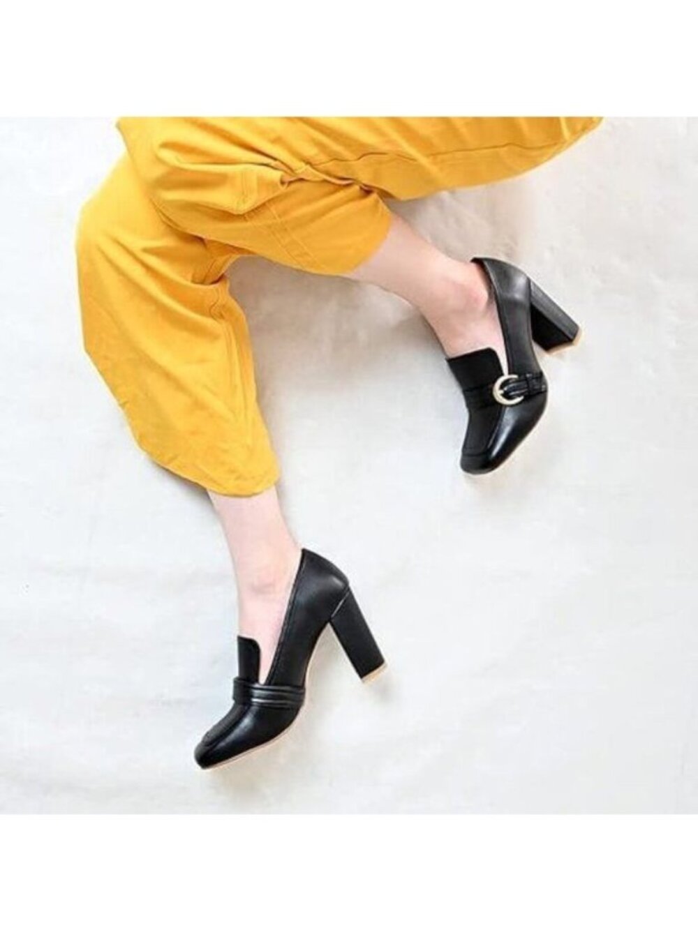 YDN Black Women Chunky High Heels Square Toe Loafer Shoes Slip On Suede Office